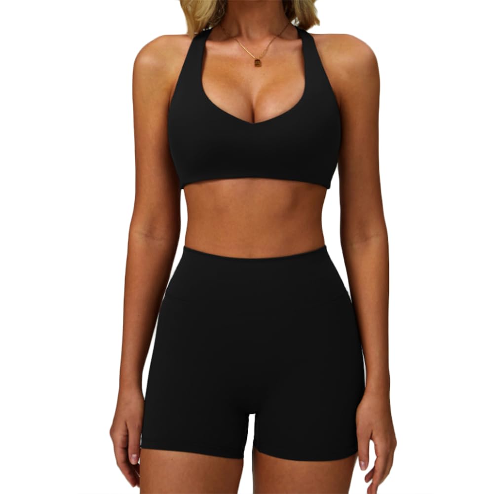 XYFfybhsd Women Workout Activewear Sportswear Yoga Gym Set Sports Halter Bra and High Waist Shorts 2 Pieces (Size:XL,Color:Black)