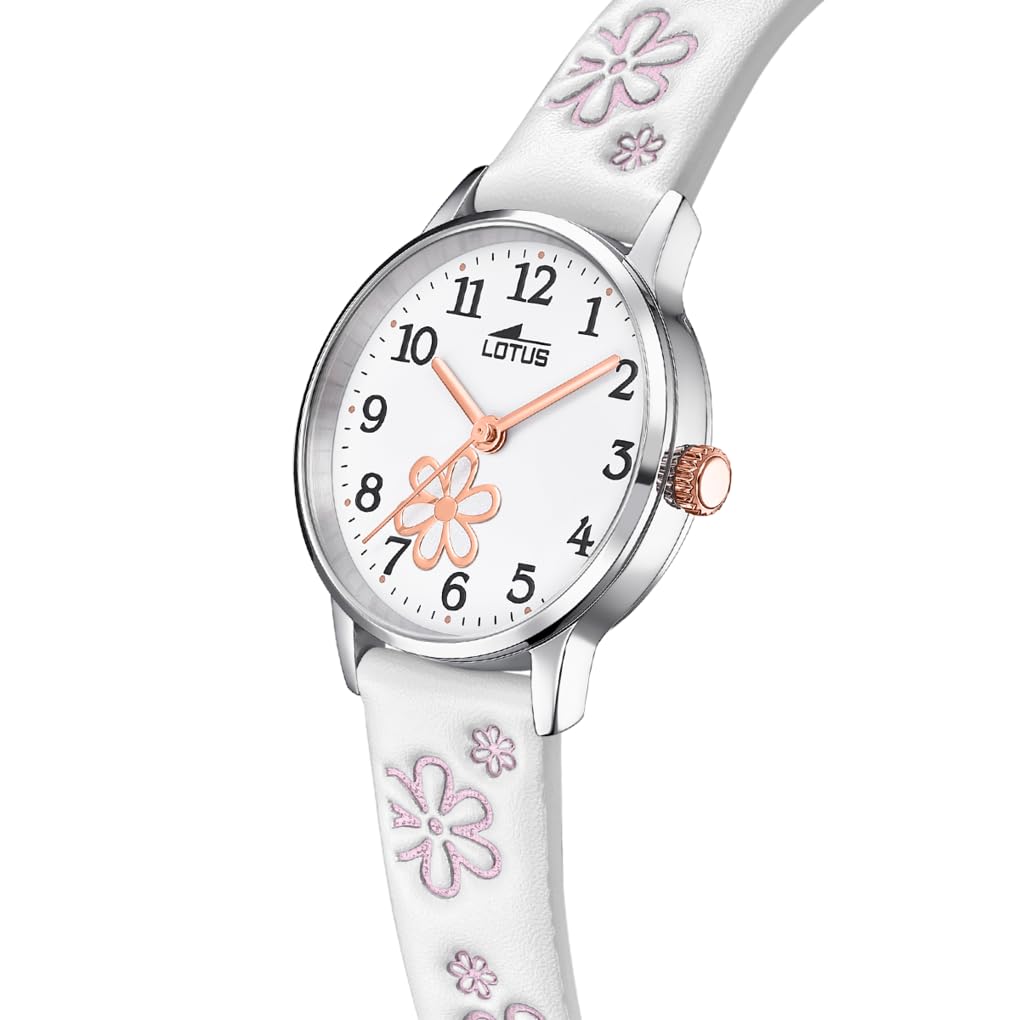 LOTUS Reloj Niña Analógico de Cuero Blanco - Movimiento de Cuarzo - Cristal Mineral de Alta Resistencia - Resistente al Agua 5 ATM - Clásico 18863/1 - con Pulsera de Regalo - Junior Collection