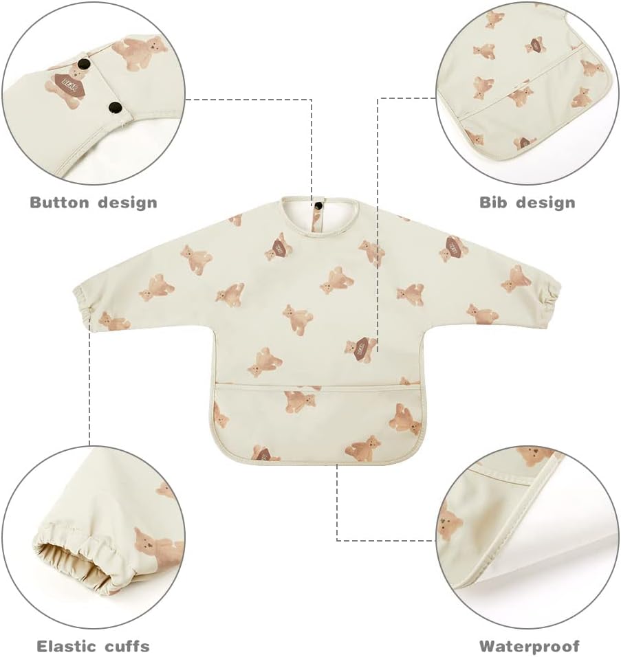 Vicloon Baby Bibs with Sleeves, Long Sleeves PU Waterproof Bibs Unisex Feeding Bibs Apron - Image 5
