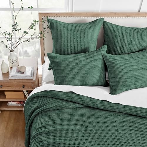Image of Levtex Home Mills Waffle Queen Bedspread Set (104x106in) with 2 Pillow Shams (26x20in) - Forest Green - 100% Cotton Queen Size Bedspread Set - Lightweight, Soft, Pre-Washed