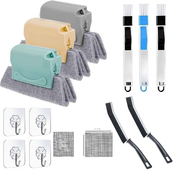 Image of 13 PCs Sliding Window Groove Cleaning Brush, Multifunctional Gap Cleaning Brush with Adhesive Hook & Mosquito Net Repair Tape (Window Care Combo Kit)