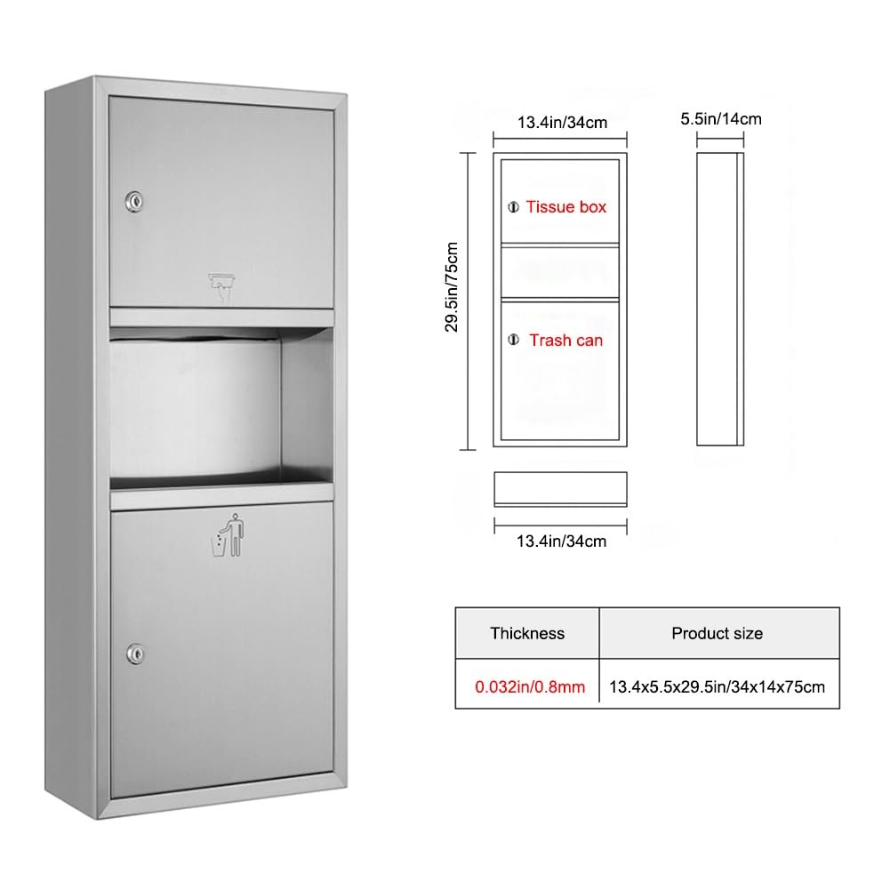PFCDZDU Wall Mounted Commercial Paper Towel Dispenser, Stainless Steel Trash Can Alcove, Bathrooms Storage Waste Receptacle with Lockable & Hand Dryer(34x14x75in)