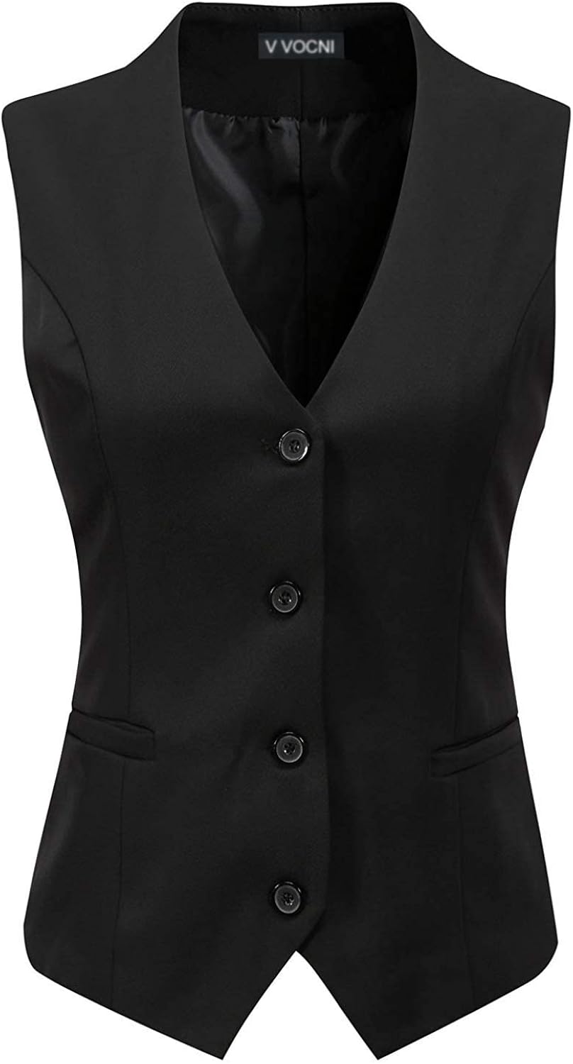 V VOCNI Women's Fully Lined 4 Button V-Neck Economy Dressy Suit Vest Waistcoat X-Large Black