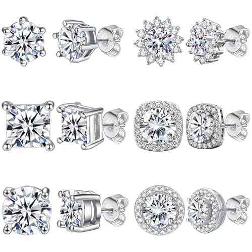 NEWITIN 6 Pairs Clear Cubic Zirconia Stud Earrings for Women Hypoallergenic Earring 18K Gold Plated Diamond Halo Stud Earrings for Women Men