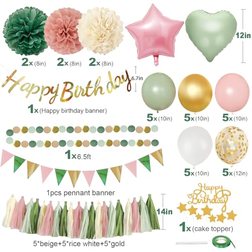 Image of Pink Sage Green Birthday Party Decorations kits for Girls Women with Happy Birthday Banner, Fringe Curtain,Foil Balloons,Tissue Pompoms,Dots Garland,Tassels Garland,Cake Topper for birthday decor