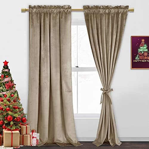 JIUZHEN Velvet Blackout Curtains for Bedroom - 84 inches Thermal Insualted Room Darkening Rod Pocket Window Drapes for Bedroom/Ofiice/Party, Set of 2 Panels with Tiebacks, 52W x 84L, Taupe