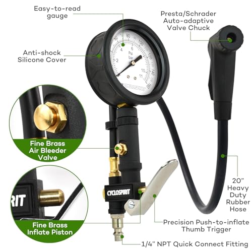 CycloSpirit Universal Bicycle Tire Inflator Gauge with Auto-Select Valve Type - Presta and Schrader Air Compressor Tool (Dial 3" Oversized)