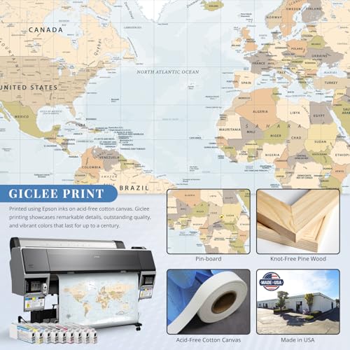 Image of IPIC - Blue Ocean World Map Pin Board Canvas Wall Art, Travel Map with Pins Included, Ready to Hang for Home or Office 24x16 Inch