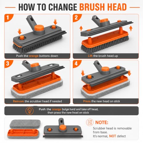 Image of 4 in 1 Long Handle Bathroom Floor Cleaning Brush with Wiper 360 Rotating Brush with 3 Interchangeable Heads - Hard Bristle Brush, Scouring Pad & Microfiber Mop for Bathroom, Kitchen, Tiles & Walls