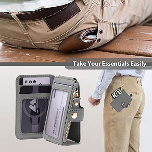 Image of Keychain wallet, Rfid Blocking Credit Card Holder Leather, Zipper Card Case for Women, Gray, Fashion