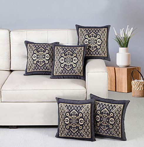 Image of Nendle Jacquard Weaved Decorative Velvet Cushion Cover /Sofa Pillow Cover Set Of 5 Pieces (Grey, 16X16 Inches), 500 TC