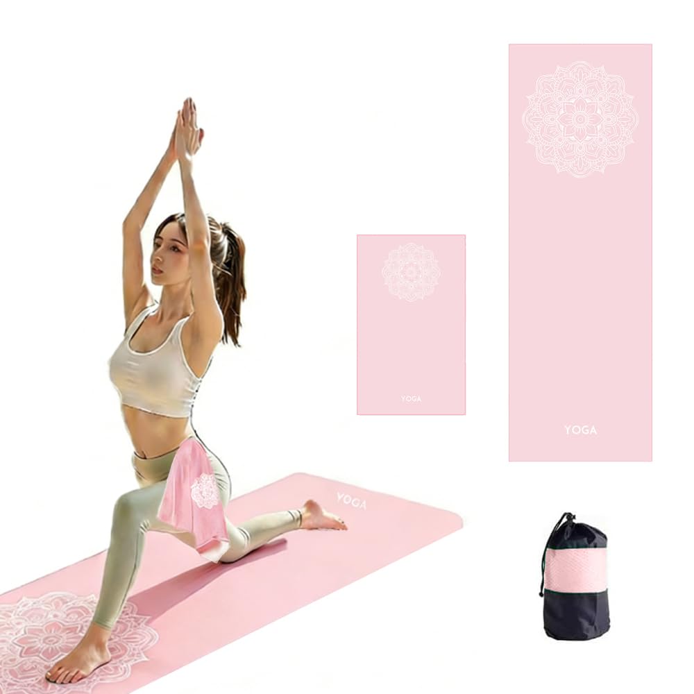 Oaygat Pink-Yoga Towel Set 2-Piece Set Includes Yoga Mat Towel 183×63Cm And Sweat Towel 40×66Cm With Mesh Carry Bag Quick Dry Breathable & Portable Large Gym Towels Ideal For Bikram Pilates And Gym Fitness
