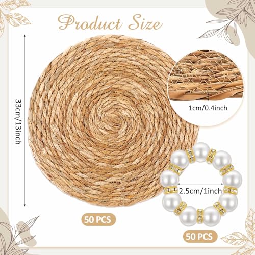 Image of 50 Pcs Cattail Round Woven Placemats Set, Cattail Placemats with Pearl Napkin Rings Boho Farmhouse Rustic Woven Chargers Natural Mat Bulk for Wedding Party, Dinner Table (13 Inch)