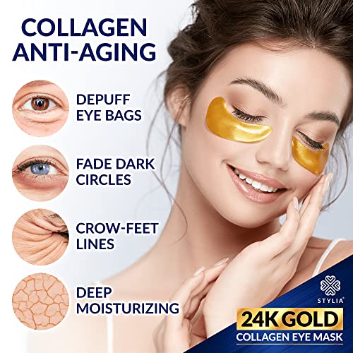Stylia 24K Gold Under Eye Patches - 20 Pairs Under Eye Mask With Hyaluronic Acid, Hydrolyzed Collagen, Plant Extracts - Gel Eye Mask Patches For Puffy Eyes, Dark Circles, Wrinkles #TOP4