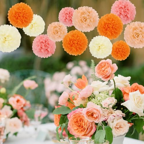 Image of BestoFun 16Pcs Pink & Orange Party Decorations - Pom Poms, Paper Flowers & Boho Groovy Decorations for Fall, Autumn, Thanksgiving, Birthday, Baby Showers & Weddings