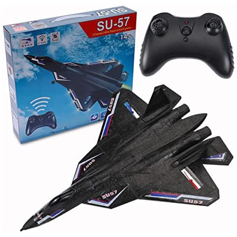 ONMDQS Su57 Remote Control Plane, 2.4GHz 2CH RC Plane Built-in Gyro, Led, Foam Airplane Toys for Kids (Black) Cover