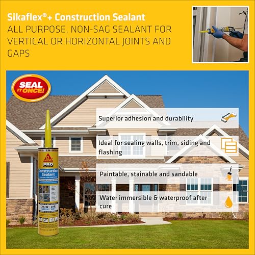 Image of SIKA Sikaflex Construction Sealant, Tan 10.1 fl. oz, Polyurethane for Vertical & Overhead Joints, Ideal for Windows & Doors, Paintable & Stainable