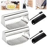 Prensa de ajos balancín de acero inoxidable,Cortador de Ajos,Machacador Picador de ajos Manual,prensa ajos,con Pelador de ajos de silicona y cepillo para limpieza Machacador de Ajos (2pcs)