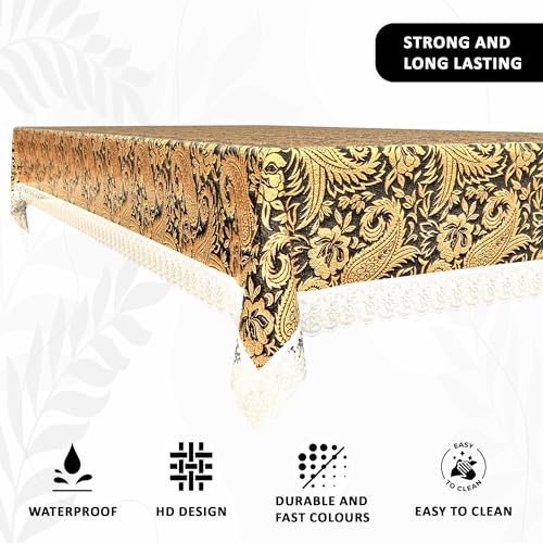 Image of Kuber Industries 60x90 Inches Retangular Waterproof 6 Seater Dining Table Cover with Wavy Border | Easy to Clean Table Protector Cover for Home & Office | Multi Floral - Black Golden