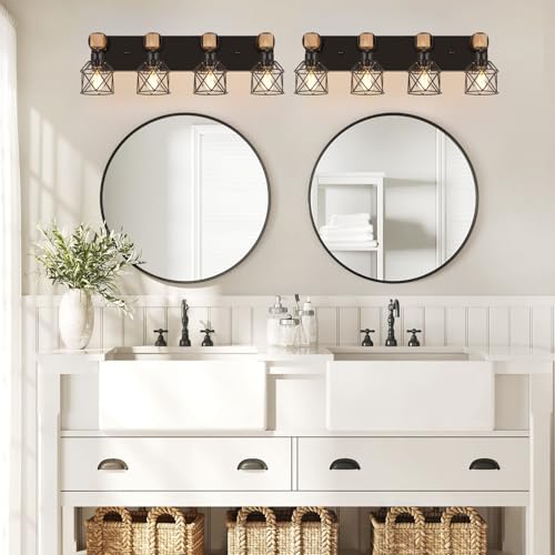 Image of FadimiKoo 4-Light Rustic Style Wood Bathroom Vanity Light Fixtures, Black Bathroom Lighting with Cage Metal Shade, Farmhouse Wall Sconces for Hallway, Bedroom, Dressing Table