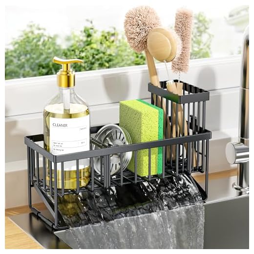 Cisily Sink Caddy Sponge Holder for Kitchen with Brush Holder and Stainless Steel Self Drain Tray, Rustproof Kitchen Sink Organizer for Sponge, Soap Dispenser Storage Accessories