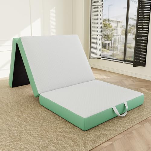 Image of ROXGOX Memory Foam Trifold Mattress, 4 Inch Single Foldable Mattress, Portable Floor Bed with Washable Cover, Handle & Non-Slip Bottom, for RV, Travel, Camping, Yoga, 75 inchx25 inchx4 inch, White Green