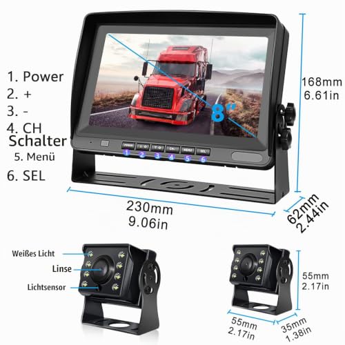 Hodozzy Rückfahrkamera Auto mit 8 Zoll LCD Monitor, AHD 1080P 2*Kameras IP69 Wasserdicht Super...