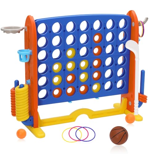 EULEUY Jeu de Lancer 4-en-1 pour Enfant,Puissance 4 Géant avec 42 Anneaux Géants, Basket-Ball,Golf Et Curseurs à Démarrage Rapide,Jeux Grand...