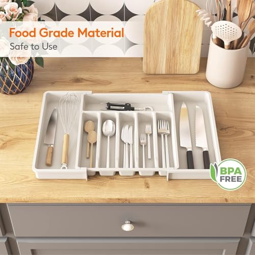 Image of Aroja Utensil Organizer for Kitchen Drawer, Expandable Cooking Silverware Tray, Adjustable Cutlery Flatware Holder, Plastic Spatula Tools Storage Divider (WHITE PACK OF 2)