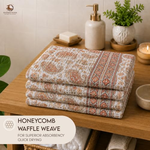 Image of Cotton Rich Printed Waffle Hand Towel | Lightweight | Anti Microbial & Water Absorbent | Soft Touch Quick Drying Towels (Paisley Charm, Pack of 4)
