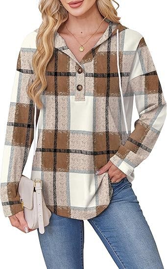 Womens Plaid Shirts Hooded Collar Oversized Trendy Button Half Blouse - image 2