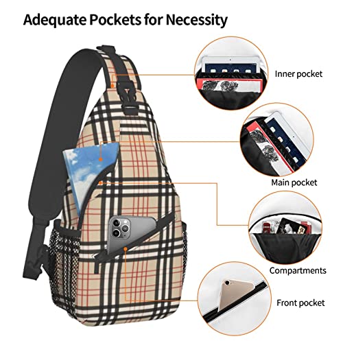 Mvirnsw Beige Plaid Tartan Checkered Sling Bag Crossbody Backpack Hiking Travel Daypack Chest Bag Shoulder Bag For Women Men4