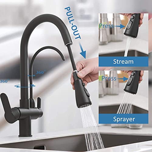 Onyzpily Moderne 3 Wege Küchenarmatur in Gebürstet/Schwarz, Edelstahl Ausziehbar mit Brause & Trinkwasserhahn, 3-in-1 Mischbatterie für Wasserfilter, Hochdruck Spültischarmatur