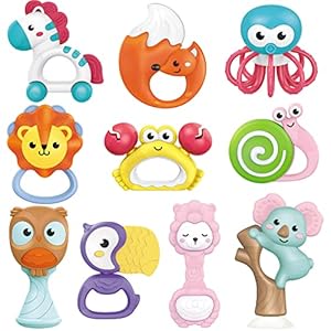 fiouni Sonajero y Mordedor para BEB¨¦ Primeros Sonajeros del BEB¨¦ Primeros Juguetes del BEB¨¦ Juego de Regalo para BEB¨¦ Reci¨¦n Nacido BEB¨¦ Ni?o Ni?a 3 6 9 Meses 10 Piezas