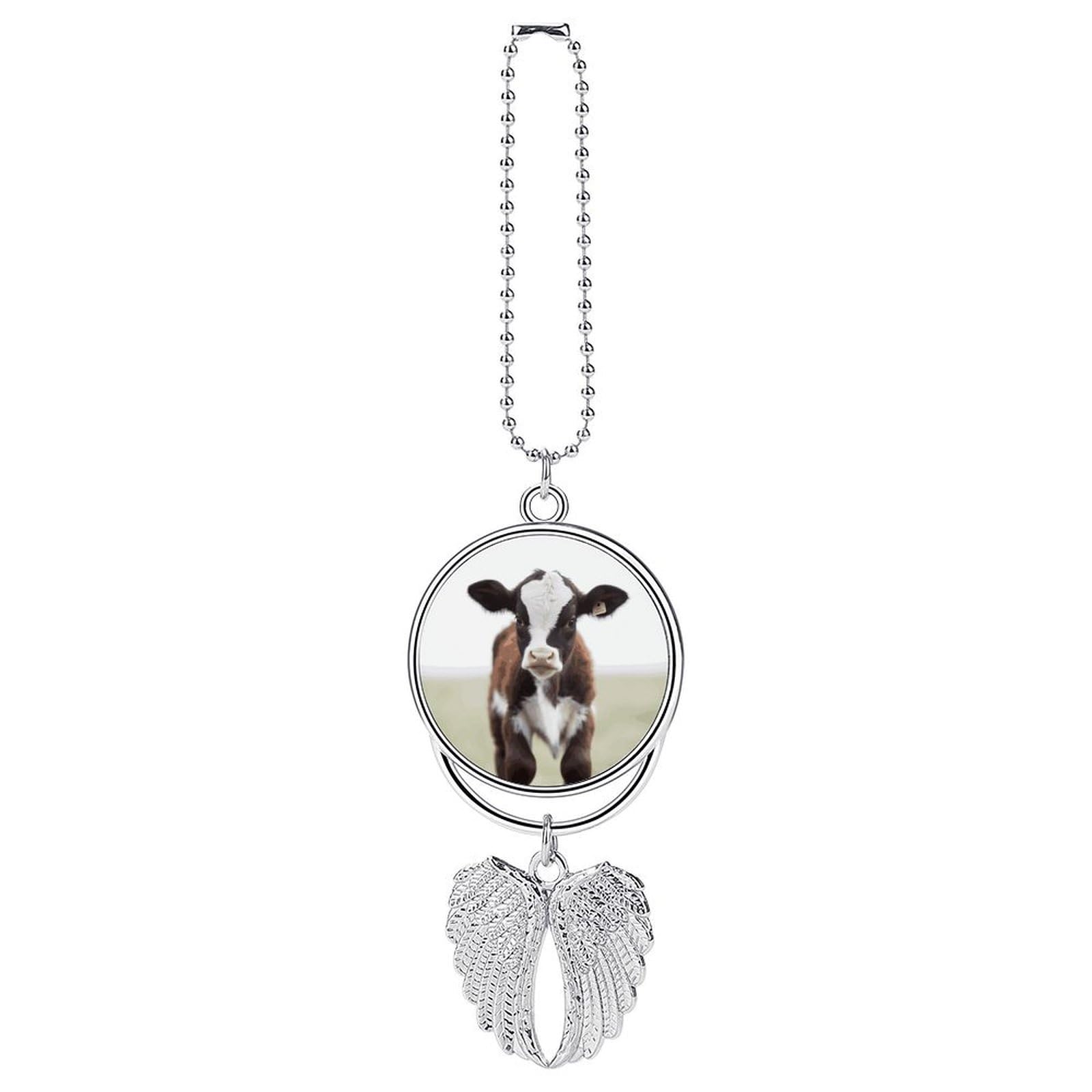 Baby Cow Car Charm, Alloy Rear View Mirror Pendant, Bling Funny Car Hanging Ornament Gift for Women Men, Car Pendant Lucky Auto Interior Decoration Accessories Silver-Style