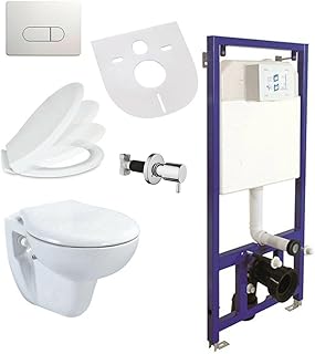 Belvit Wand-WC Komplettset mit Bidetfunktion, Taharet Dusch-WC spülrandlos, Softclose-Deckel, Vorwandelement, Betätigungsplatte, Farbe, Weiß, Schallschutz Set, Unterputz Spülkasten