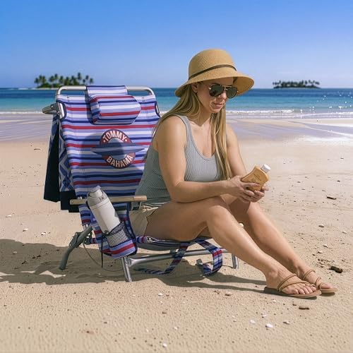 Tommy Bahama 2-Pack 5-Position Classic Lay Flat Backpack Beach Chair with Cooler and Cup Holder, Portable Folding Beach Chair for Tanning, Red/White/Blue - Image 3