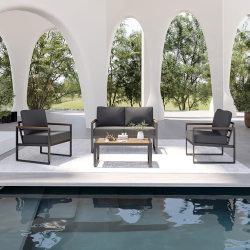 Image of Aoxun 4 Piece Patio Furniture Set, Outdoor Patio Furniture with Thick Cushions, Modern Metal Outdoor Conversation Sets with Coffee Table for Porch, Balcony, Deck Dark Grey