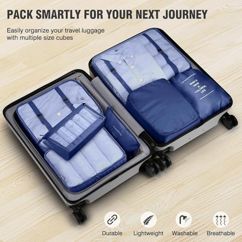 Image of 7 Pcs Travel Organizer Bag Set for Luggage | Waterproof Packing Cubes for Clothes, Shoes & Toiletries | Foldable Travel Storage Bags for Men & Women | Black Travel Pouch Set (DARK BLUE)