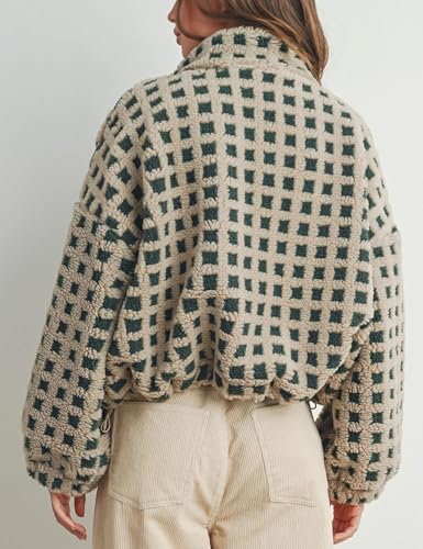 Lianlive Women Winter Sherpa Fleece Jacket Long Sleeve Zip Up Checkered Fuzzy Cropped Coats Warm Outwear with Pockets2