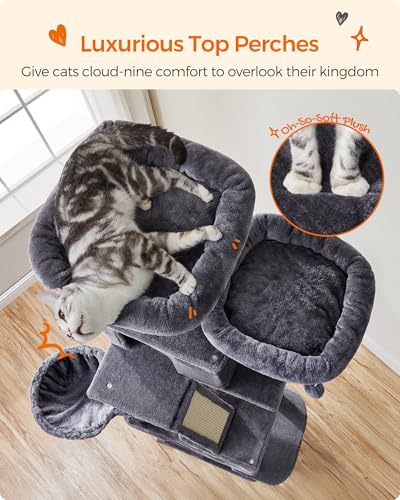 Image of Feandrea Cat Tree, 81.1-Inch Large Cat Tower, Multi-Level Plush Condo with 13 Scratching Posts, 2 Perches, 2 Caves, Basket, Hammock, Pompoms, Smoky Gray UPCT190G01
