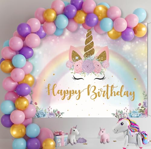 Image of Party Propz Unicorn Theme Birthday Decoration Kit For Girls - 64 Pcs,Happy Birthday Banner Backdrop Decoration (5x4 ft),Colourful Balloons, Unicorn Foil Balloon,Bday Decoration Items for Girls