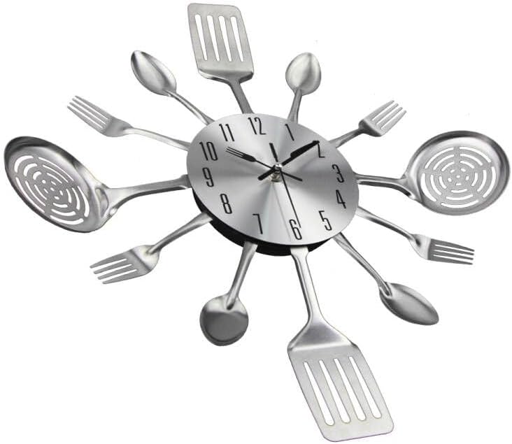 Miniatura 3 de Timelike 16 Inch Large Kitchen Wall Clocks with Spoons and Forks Creative Modern Home Decor Antique Style Wall Watch (Silver)
