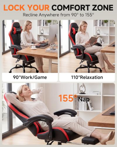 Image of GTPLAYER Gaming Chair for Adults, Computer Chair with Footrest, Black & Red | Ergonomic Video Game Chair with 90-155 Recline, Removable Headrest & Lumbar Support, All-Day Comfort for Home & Office