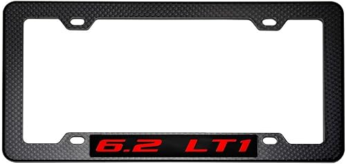 Miniatura 2 de Marco de matrícula con aspecto de fibra de carbono negro con emblema de aluminio real altamente pulido 6.2 LT1 rojo sobre negro