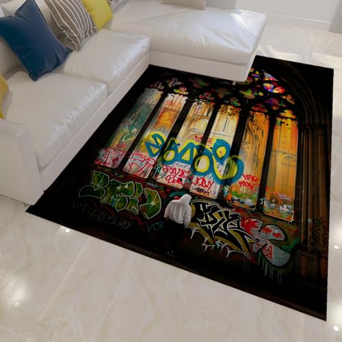 Tapis de salon style Banksy noir et coloré pour grand espace intérieur - 3