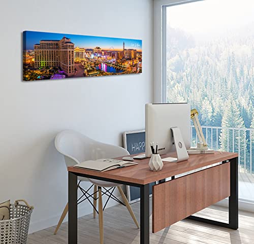 Image of Las Vegas Skyline Wall Art Cityscape Canvas Prints City Modern Building Posters Bellagio Fountain Skyscraper Night View Panoramic Pictures for Home Office Living Room Decor Framed 13.8 inchx45.3 inch