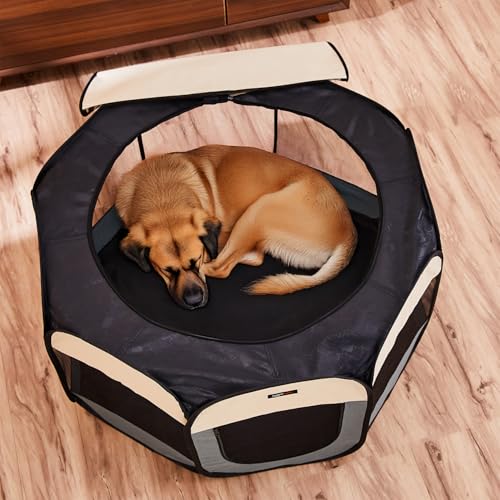 Image of amazon basics, Foldable Soft Pet Playpen Indoor Pet Fence Enclosure with Mesh Window, Lightweight and Durable for Travel, Large | 120cm x 120cm x 59cm