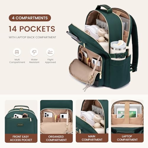 Image of LOVEVOOK Laptop Backpack for Women with Pouch Pocket for Large Capacity Cup,15.6 Inch Laptop Computer Bag Travel Backpack Purse,Waterproof Work Business Backpack College Teacher Bags,Dark Green