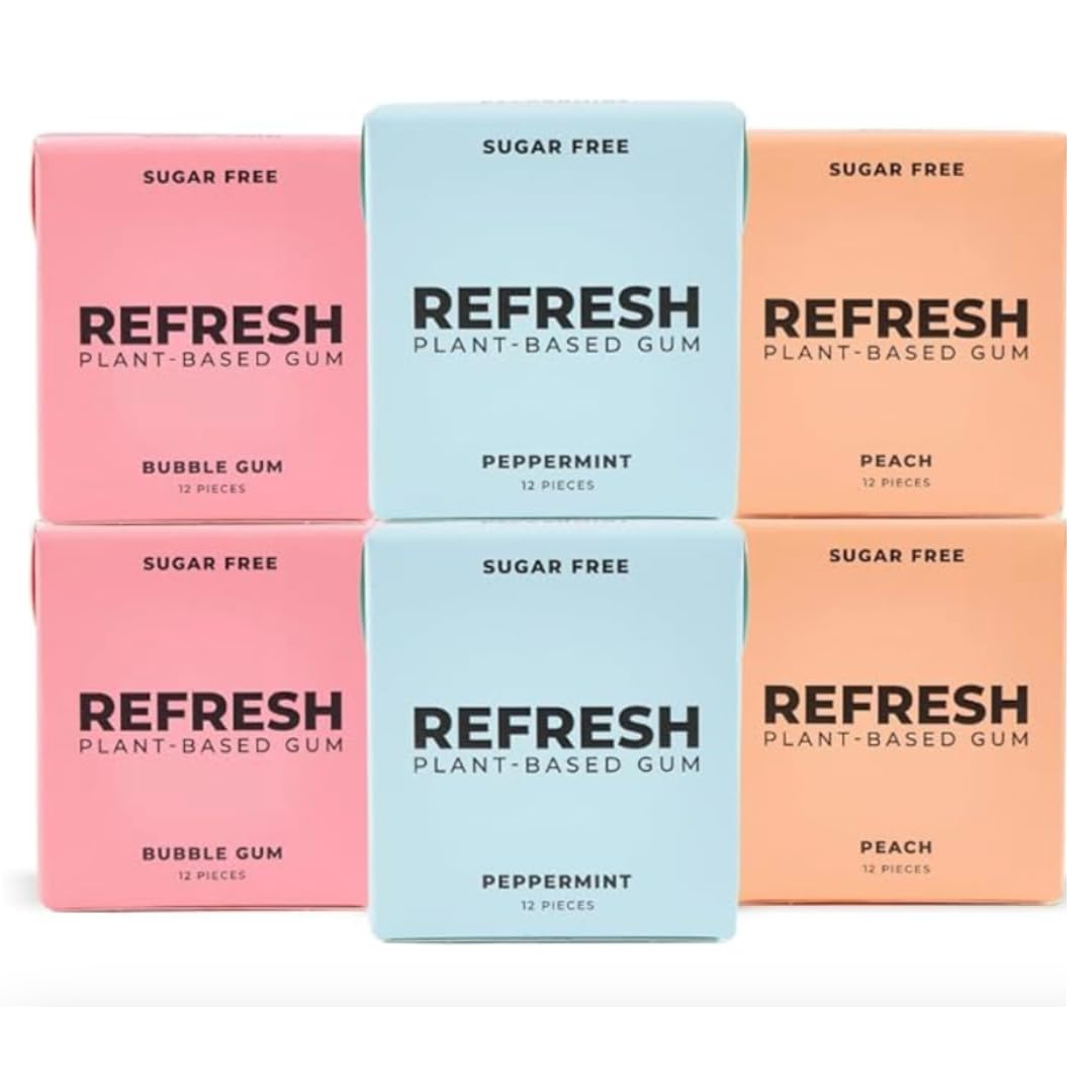 Refresh Gum, Xylitol, Sugar Free, Natural, Long Lasting Chewing Gum, Natural Flavors & Organic Ingredients, Plant-Based, Non GMO, Gluten Free, Vegan, Peppermint, Bubble Gum & Peach, 12 Pcs, 6 Pack